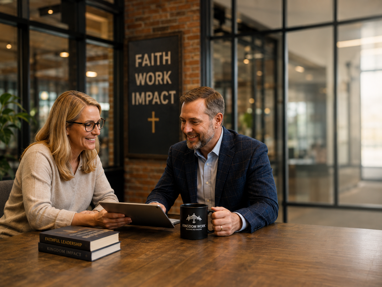 Christian business partners discussing community partnership opportunities