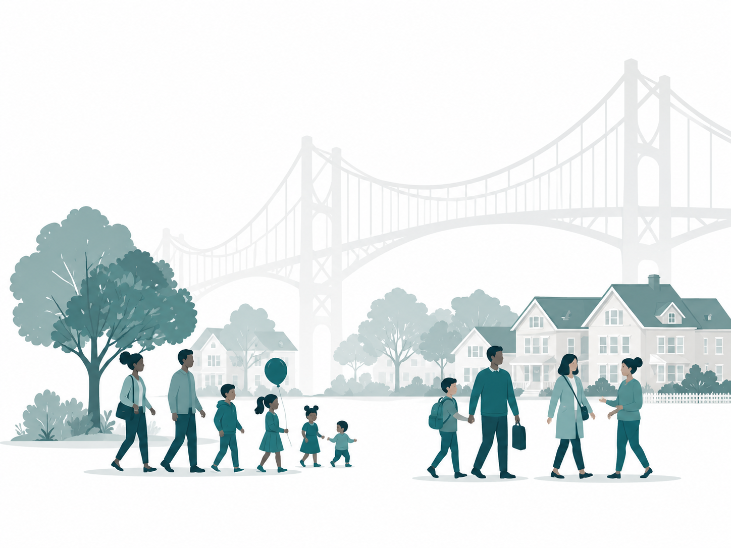 Families and community members beneath a bridge near a residential neighborhood