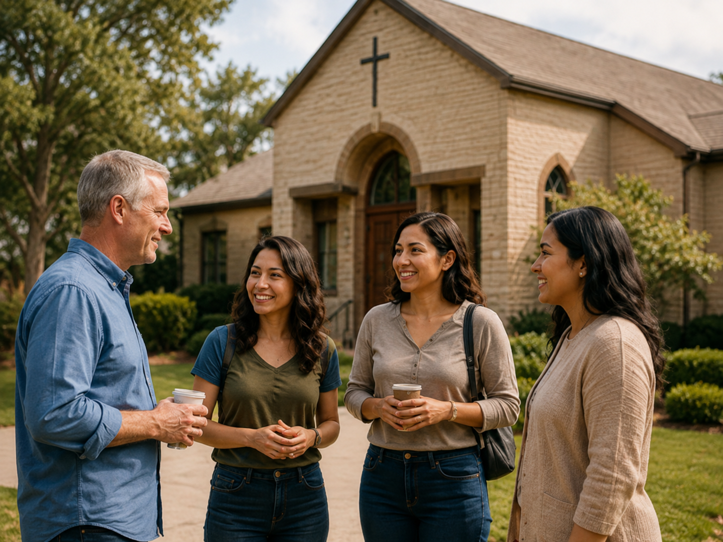 Church and community members connecting outside a church